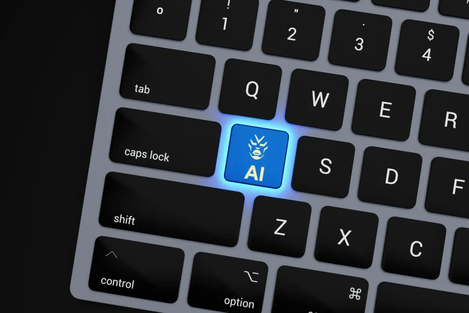 Close up image of a laptop keyboard in grey with black keys. The "A" key is swapped with a glowing blue key that reads "AI"