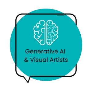 Graphic of a teal circle within an outlined black square speech bubble. Inside the circle, there is a white outlined brain icon, and below text in black reads "Generative AI & Visual Artists"