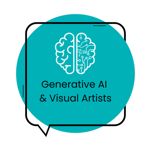 Graphic of a teal circle within an outlined black square speech bubble. Inside the circle, there is a white outlined brain icon, and below text in black reads "Generative AI & Visual Artists"