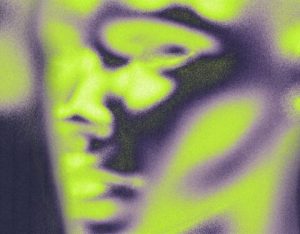 An abstracted human face with a gradient heat-map like texture overtop, with highlights in lime green, shadows in grey, and mid-tones in purple.