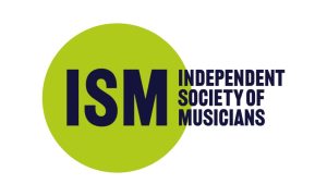 Logo for the Independent Society of Musicians. The acronym ISM is in navy, centred in a lime green circle. To the right, "Independent Society of Musicians" is stacked in three lines, lining up with the M in ISM in a bold, sans-serif font.