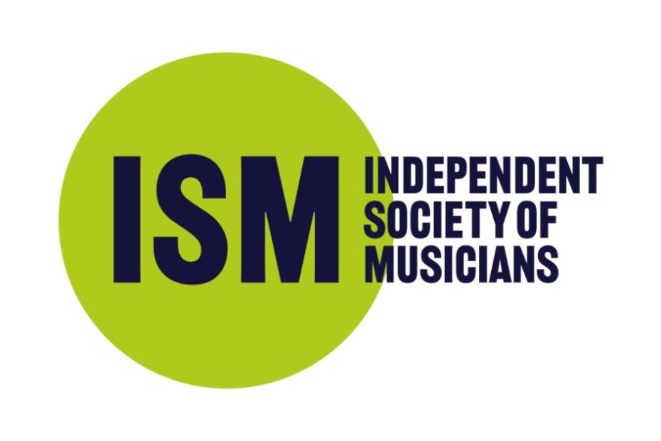 Logo for the Independent Society of Musicians. The acronym ISM is in navy, centred in a lime green circle. To the right, "Independent Society of Musicians" is stacked in three lines, lining up with the M in ISM in a bold, sans-serif font.