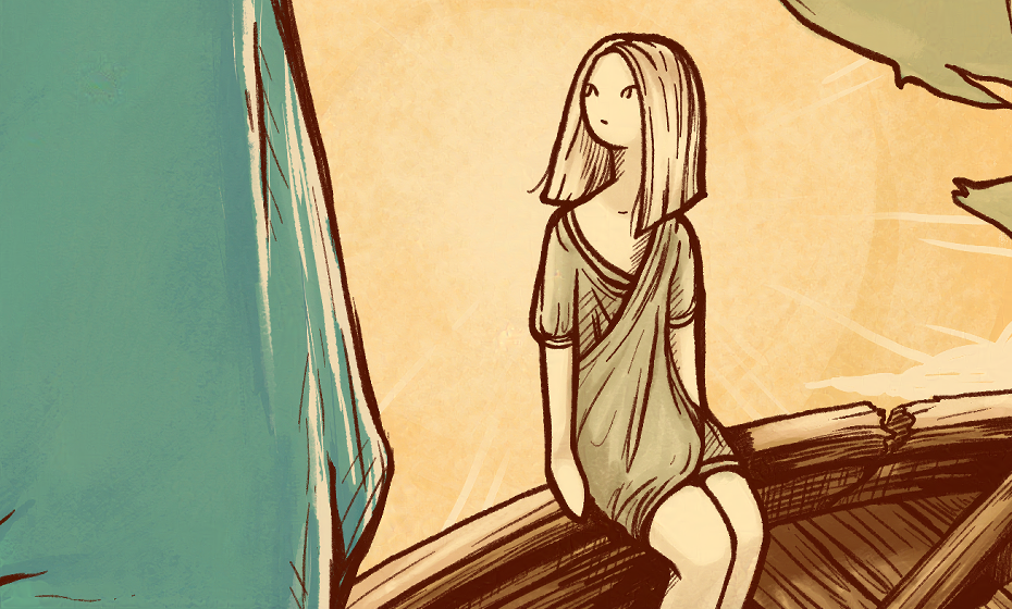 Illustration of a girl on a ship at sea.