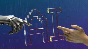A robot and human hand pointing to the word AI