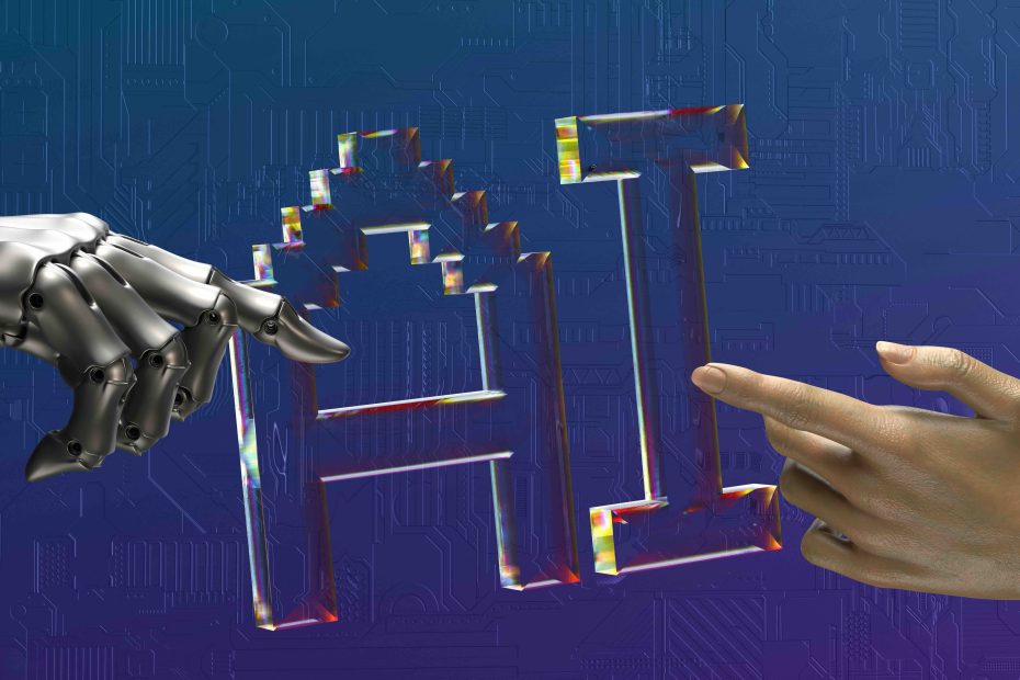 A robot and human hand pointing to the word AI