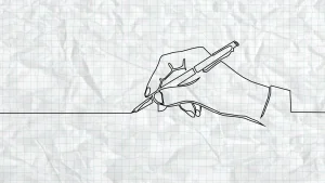 An outline drawing of a hand holding a pencil, drawing a straight line that goes off the page.