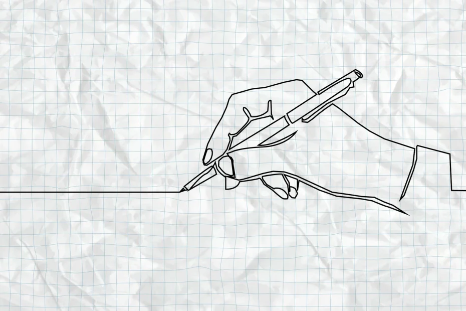 An outline drawing of a hand holding a pencil, drawing a straight line that goes off the page.