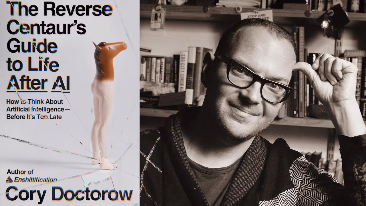 Image of the book cover for Cory Doctorow's "The Reverse Centaur's Guide to Life After AI" featuring a plastic toy of a horse head on top of a human's lower body. A glass shatter effect is featured on top of the whole cover. To the right is a portrait of the author.